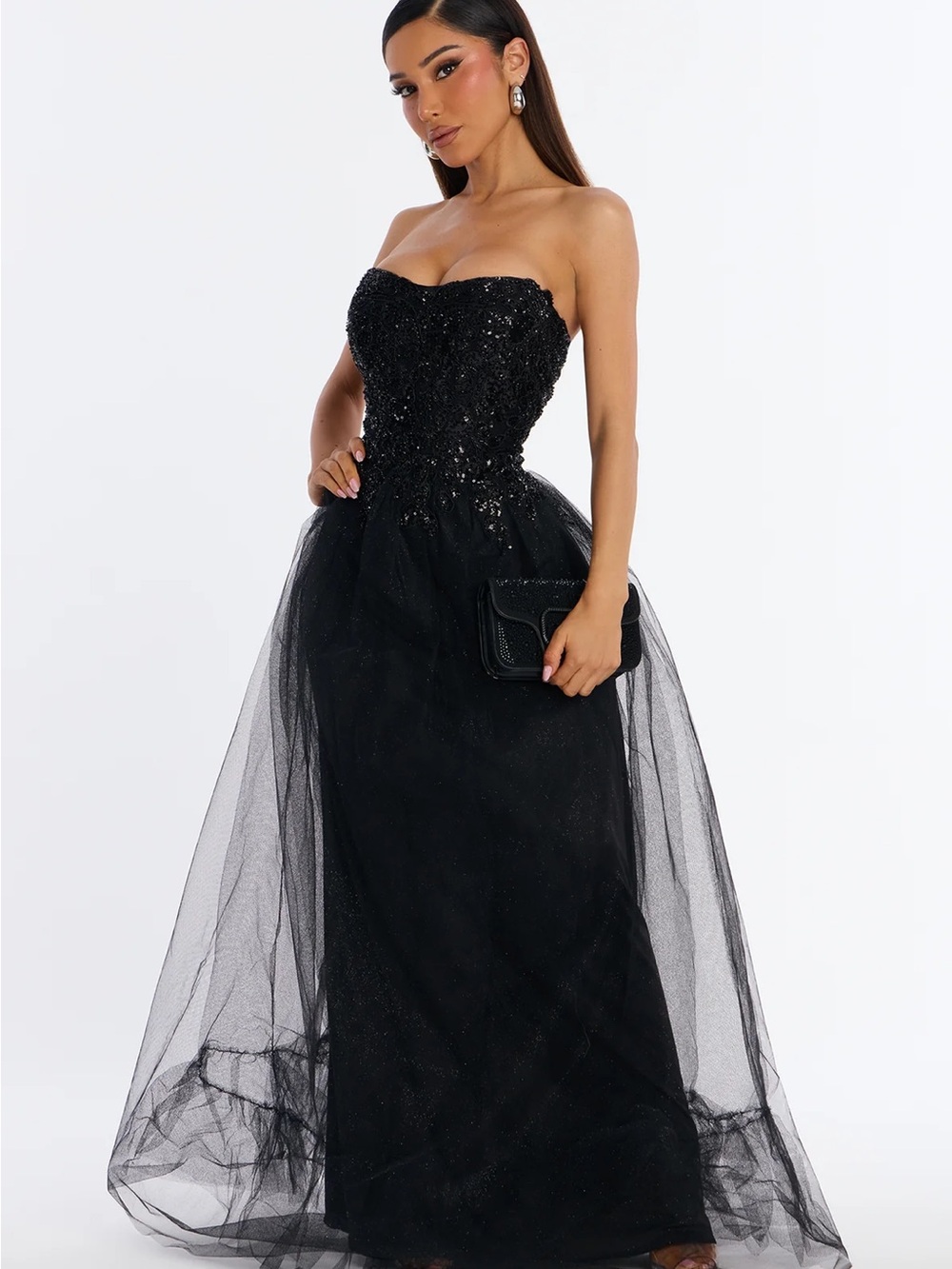 Fashion Nova Black Strapless Sequin Tulle Evening Gown